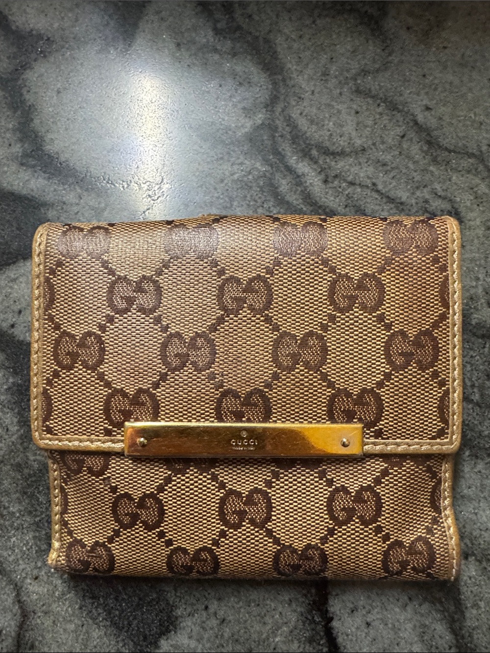 Gucci Brown GG Canvas Compact Wallet with Gold Plaque Accent